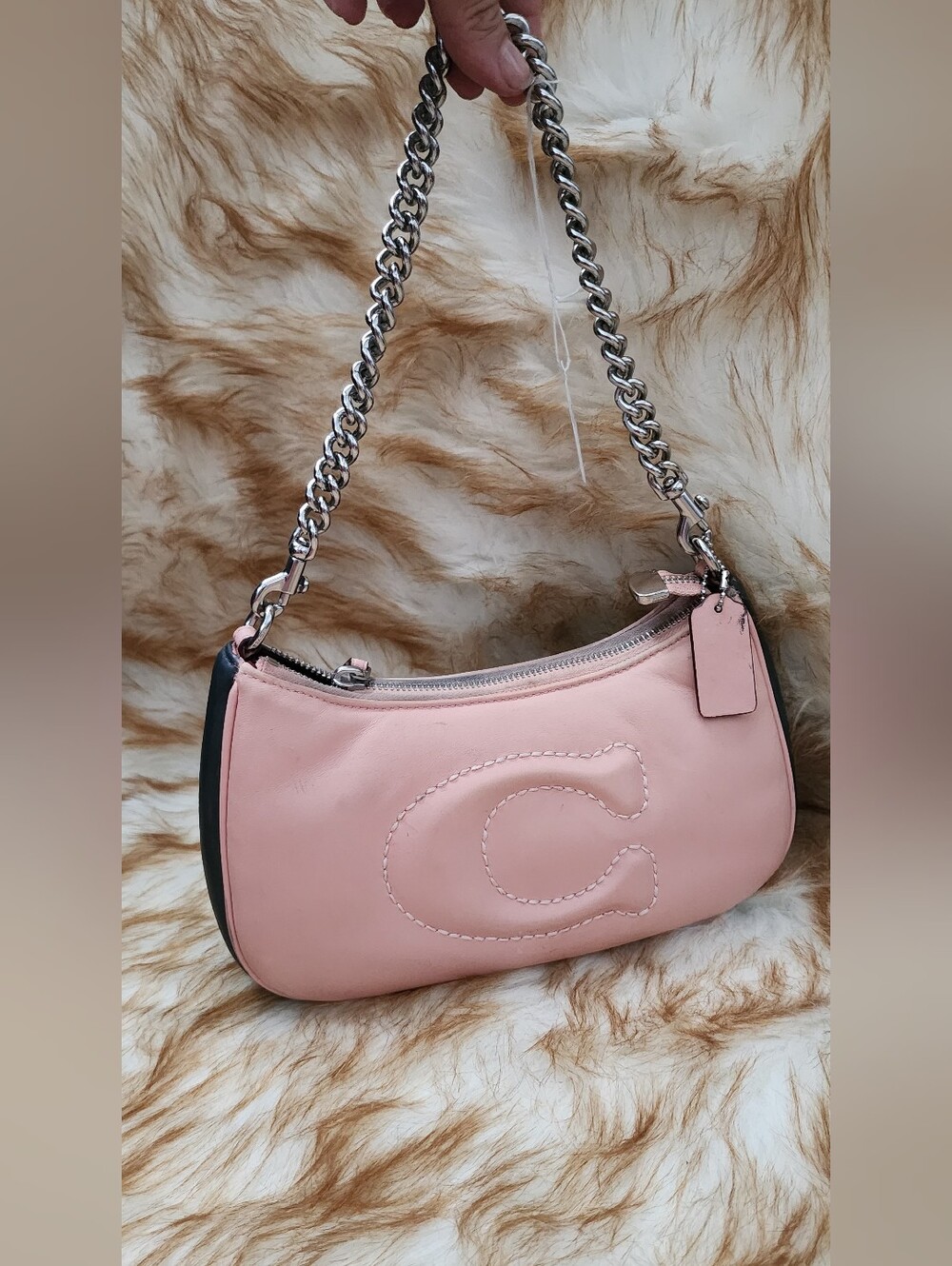 Coach Pink Leather Shoulder Bag with Silver Chain Strap